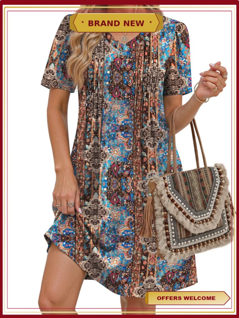 Short Sleeve Pleated V Neck A Line Tunic Dress with Pockets